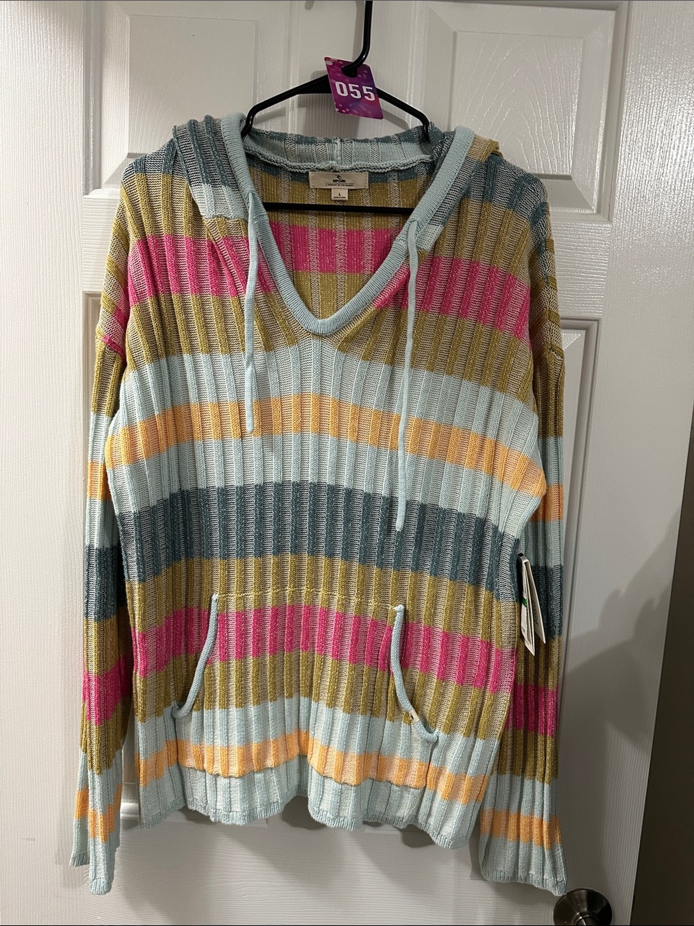 Rip Curl Striped V-Neck Hoodie Sweater in Mint, Pink & Mustard